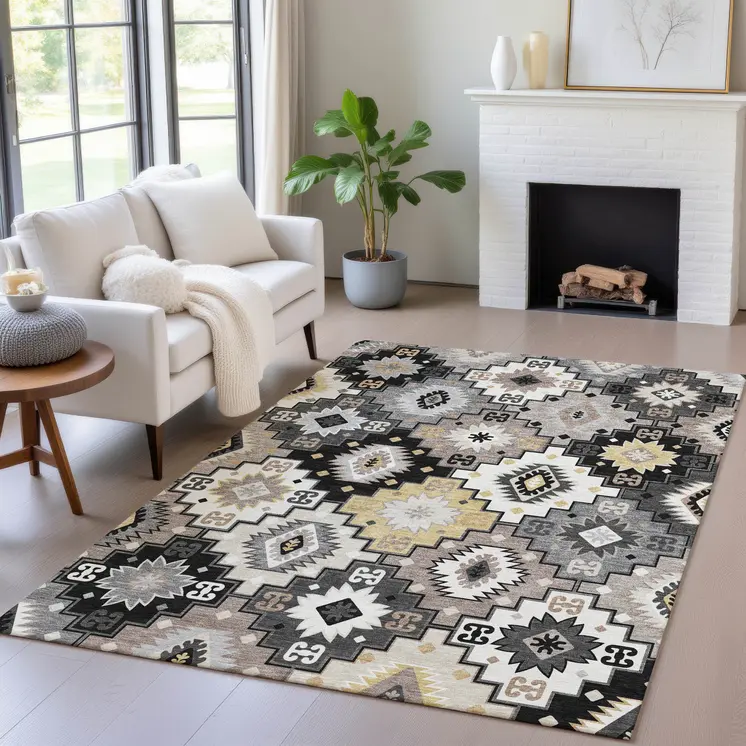 3' X 5' Black Wheat And Gray Southwestern Washable Indoor Outdoor Area Rug