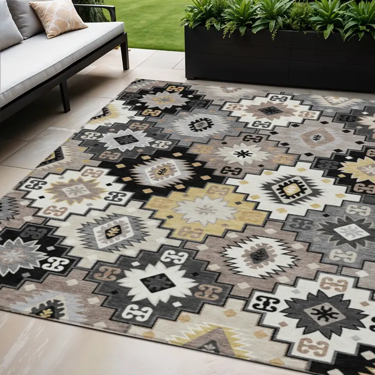 5' X 8' Black Wheat And Gray Southwestern Washable Indoor Outdoor Area Rug