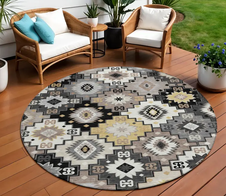 8' Black Wheat And Gray Round Southwestern Washable Indoor Outdoor Area Rug
