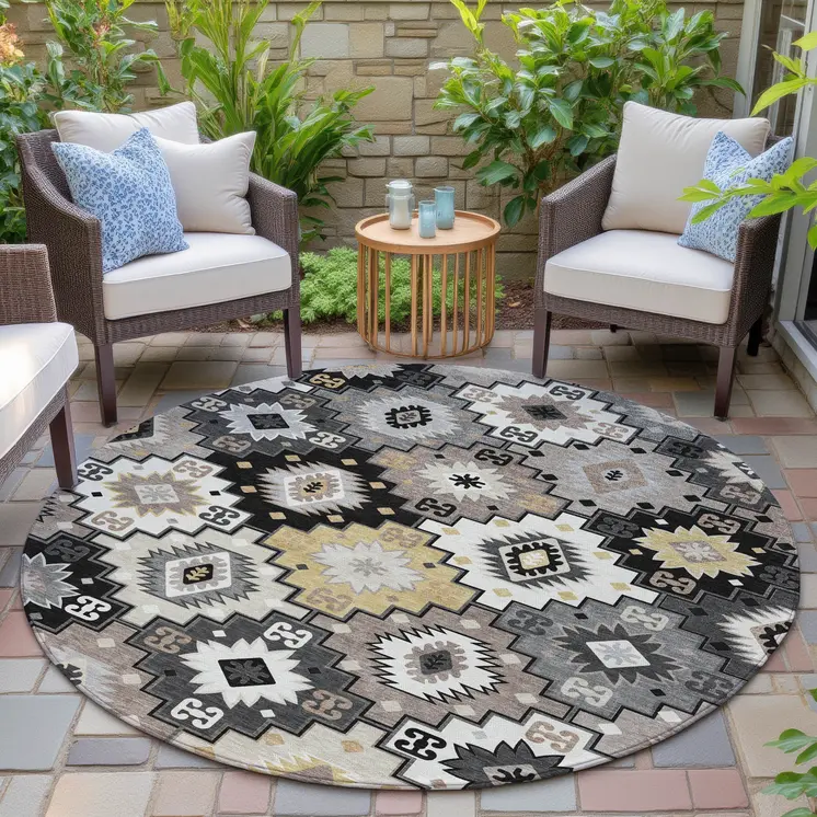 8' Black Wheat And Gray Round Southwestern Washable Indoor Outdoor Area Rug