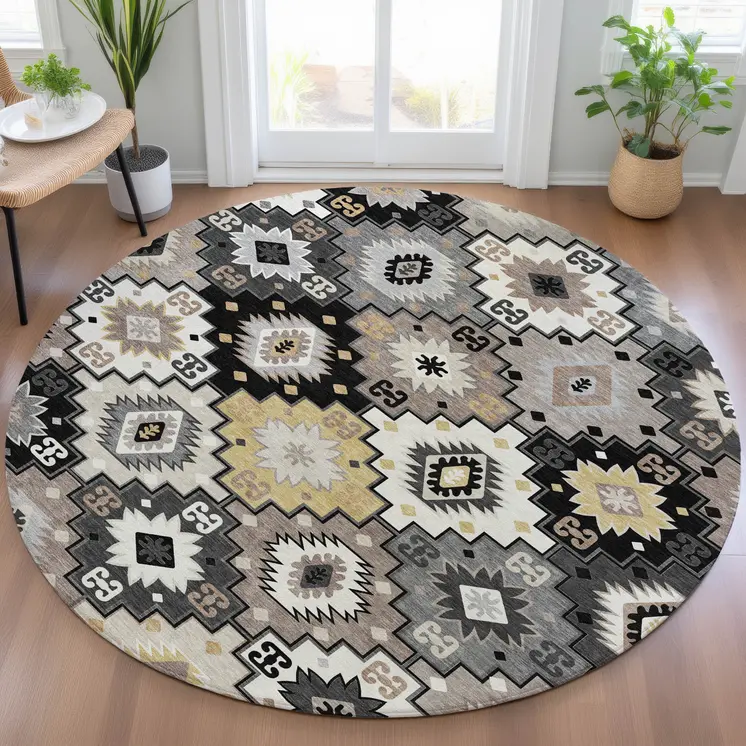 8' Black Wheat And Gray Round Southwestern Washable Indoor Outdoor Area Rug