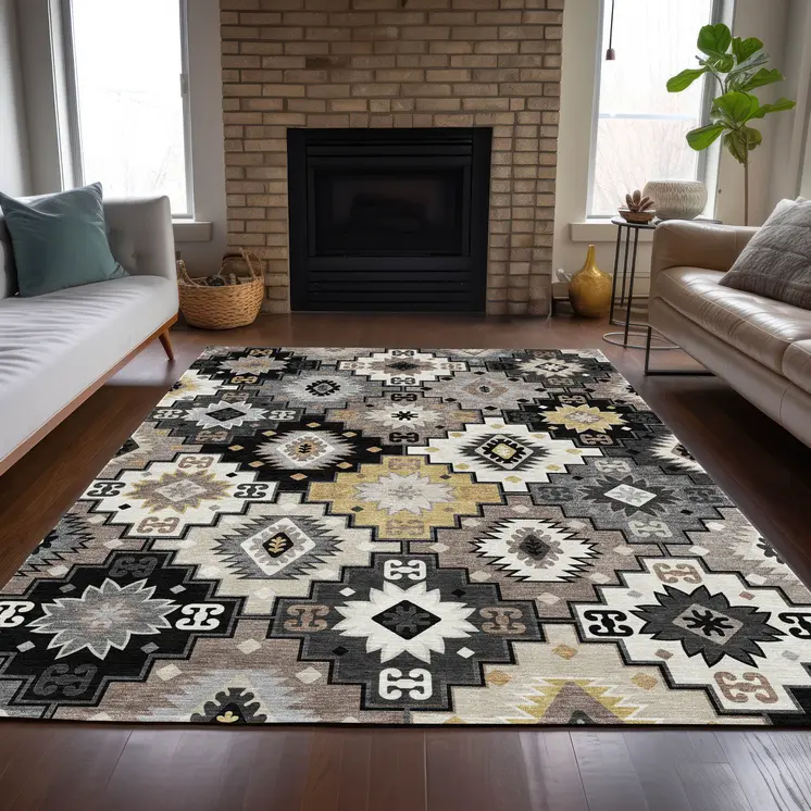 9' X 12' Black Wheat And Gray Southwestern Washable Indoor Outdoor Area Rug