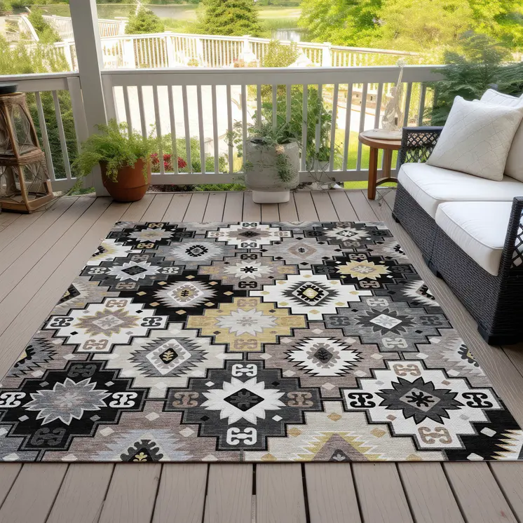 9' X 12' Black Wheat And Gray Southwestern Washable Indoor Outdoor Area Rug