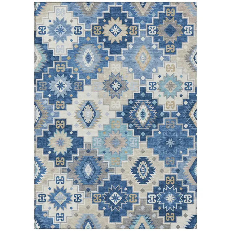 5' X 8' Blue Beige And Sky Blue Southwestern Washable Indoor Outdoor Area Rug