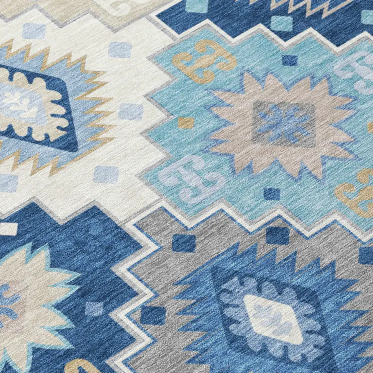 5' X 8' Blue Beige And Sky Blue Southwestern Washable Indoor Outdoor Area Rug