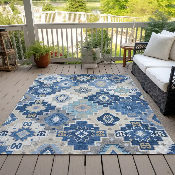 5' X 8' Blue Beige And Sky Blue Southwestern Washable Indoor Outdoor Area Rug