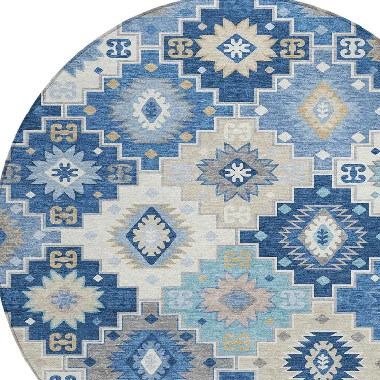 8' Blue Beige And Sky Blue Round Southwestern Washable Indoor Outdoor Area Rug