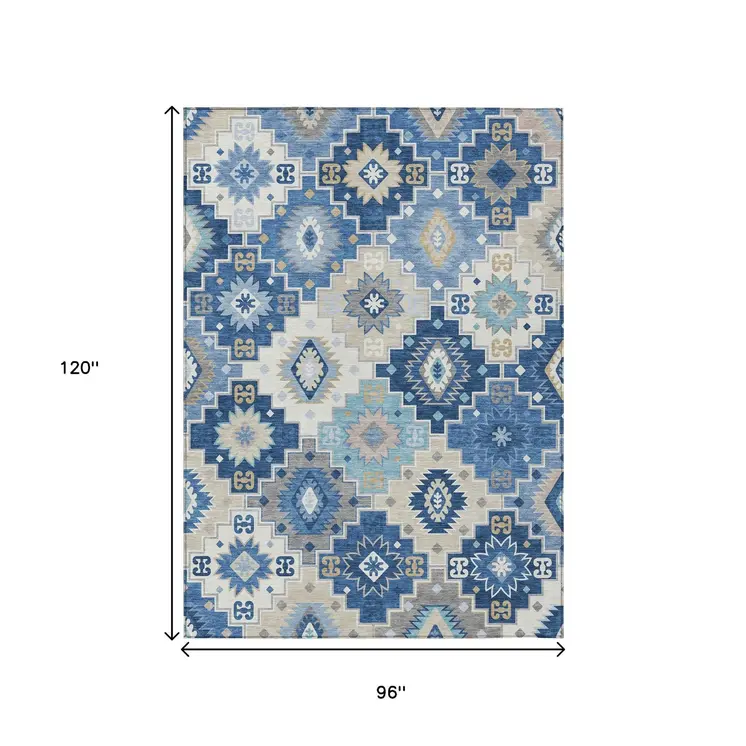 8' X 10' Blue Beige And Sky Blue Southwestern Washable Indoor Outdoor Area Rug