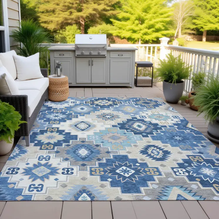 9' X 12' Blue Beige And Sky Blue Southwestern Washable Indoor Outdoor Area Rug