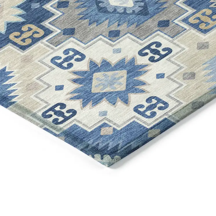 9' X 12' Blue Beige And Sky Blue Southwestern Washable Indoor Outdoor Area Rug