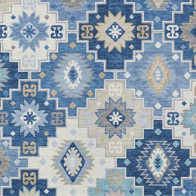 9' X 12' Blue Beige And Sky Blue Southwestern Washable Indoor Outdoor Area Rug