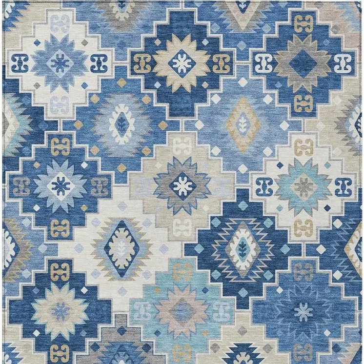 10' X 14' Blue Beige And Sky Blue Southwestern Washable Indoor Outdoor Area Rug