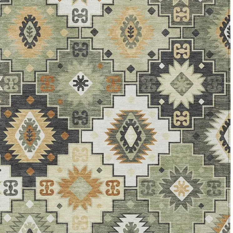 3' X 5' Fern Green Gold And Charcoal Southwestern Washable Indoor Outdoor Area Rug