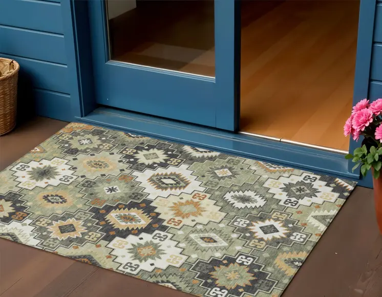 3' X 5' Fern Green Gold And Charcoal Southwestern Washable Indoor Outdoor Area Rug