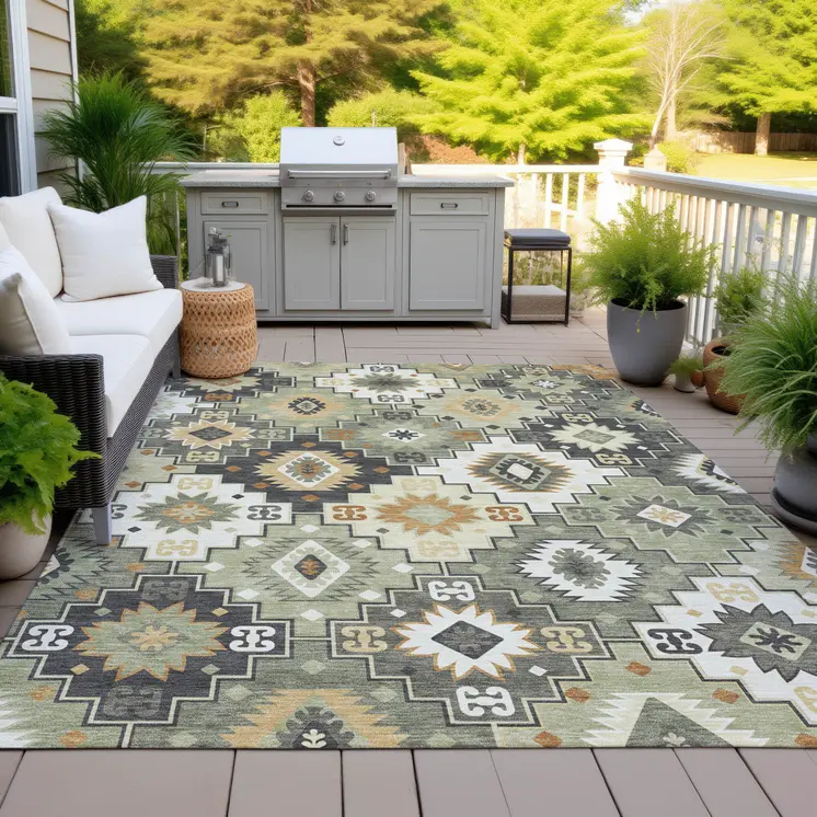 3' X 5' Fern Green Gold And Charcoal Southwestern Washable Indoor Outdoor Area Rug