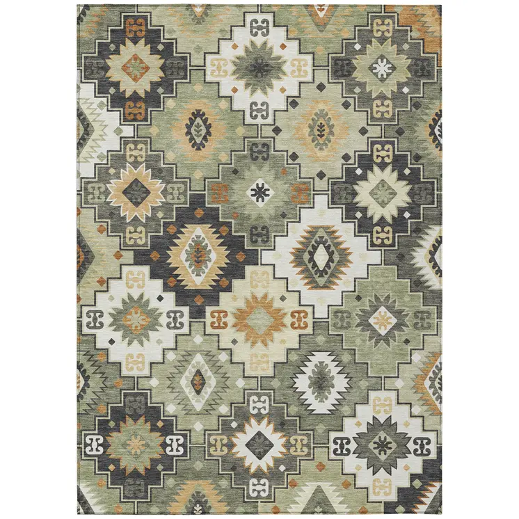 3' X 5' Fern Green Gold And Charcoal Southwestern Washable Indoor Outdoor Area Rug