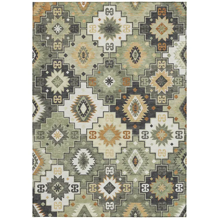 5' X 8' Fern Green Gold And Charcoal Southwestern Washable Indoor Outdoor Area Rug