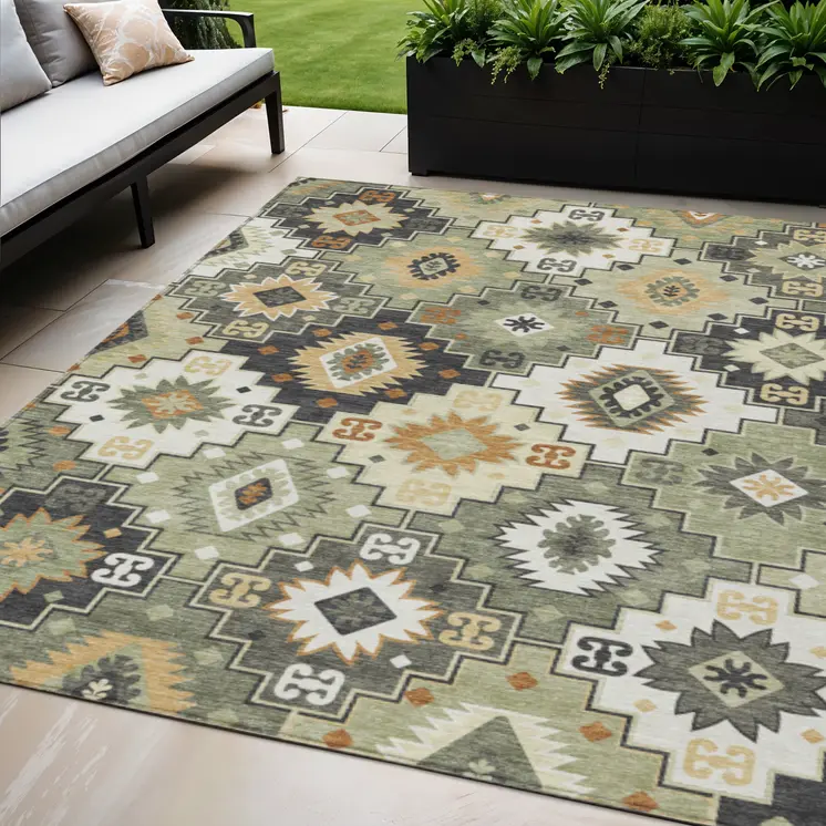 5' X 8' Fern Green Gold And Charcoal Southwestern Washable Indoor Outdoor Area Rug