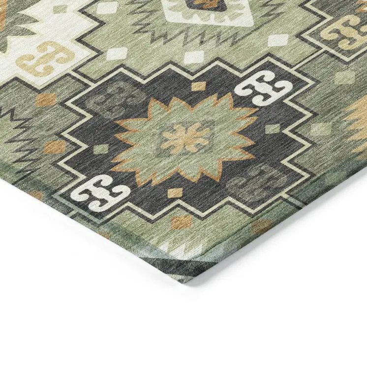 5' X 8' Fern Green Gold And Charcoal Southwestern Washable Indoor Outdoor Area Rug