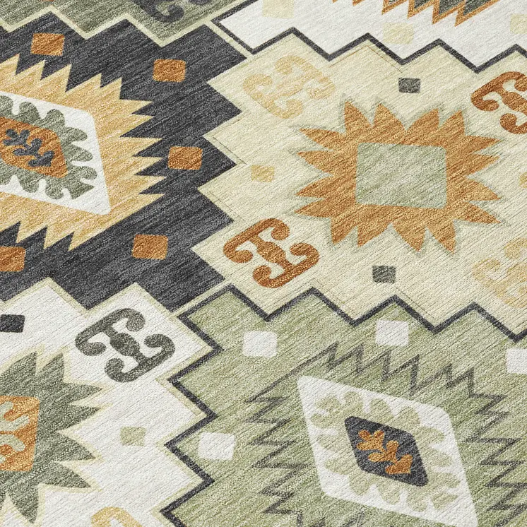 5' X 8' Fern Green Gold And Charcoal Southwestern Washable Indoor Outdoor Area Rug