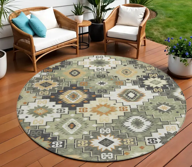 8' Fern Green Gold And Charcoal Round Southwestern Washable Indoor Outdoor Area Rug