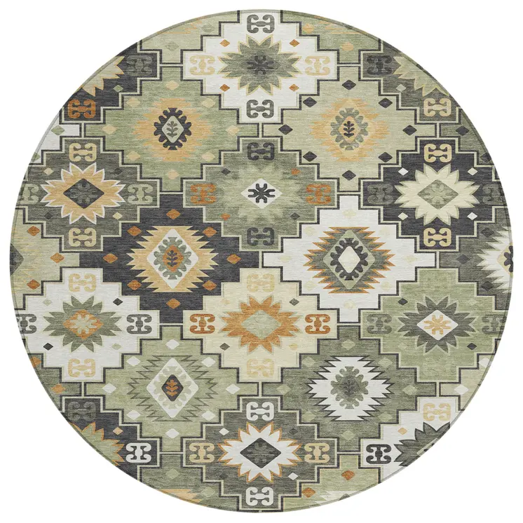 8' Fern Green Gold And Charcoal Round Southwestern Washable Indoor Outdoor Area Rug