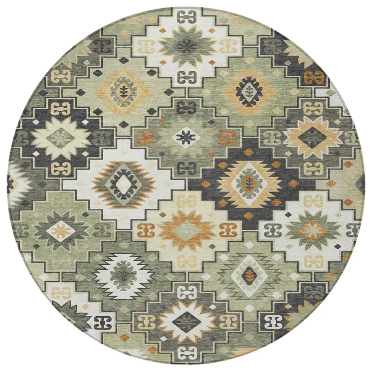 8' Fern Green Gold And Charcoal Round Southwestern Washable Indoor Outdoor Area Rug