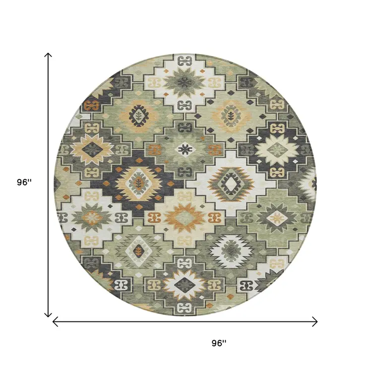 8' Fern Green Gold And Charcoal Round Southwestern Washable Indoor Outdoor Area Rug