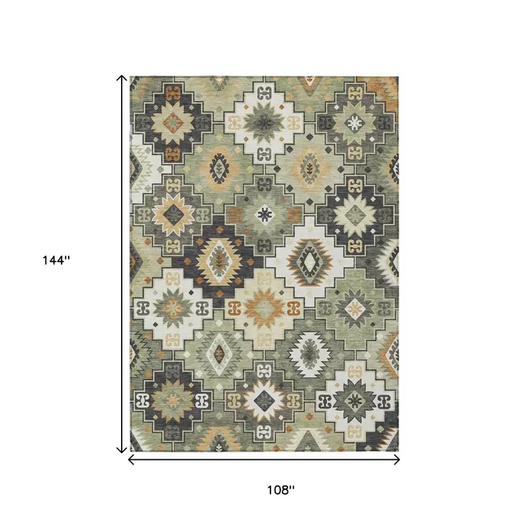 9' X 12' Fern Green Gold And Charcoal Southwestern Washable Indoor Outdoor Area Rug