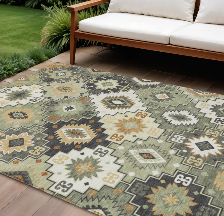 9' X 12' Fern Green Gold And Charcoal Southwestern Washable Indoor Outdoor Area Rug