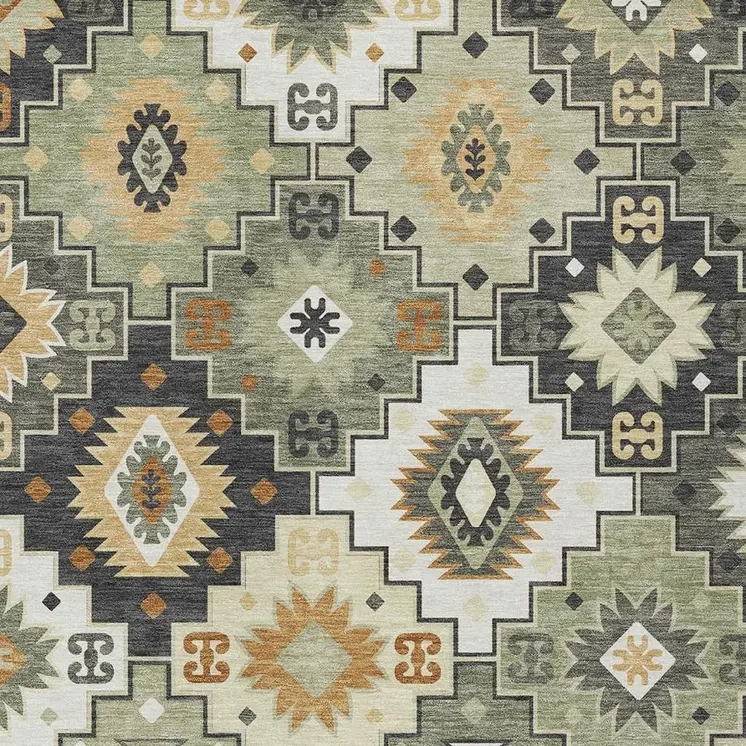 9' X 12' Fern Green Gold And Charcoal Southwestern Washable Indoor Outdoor Area Rug