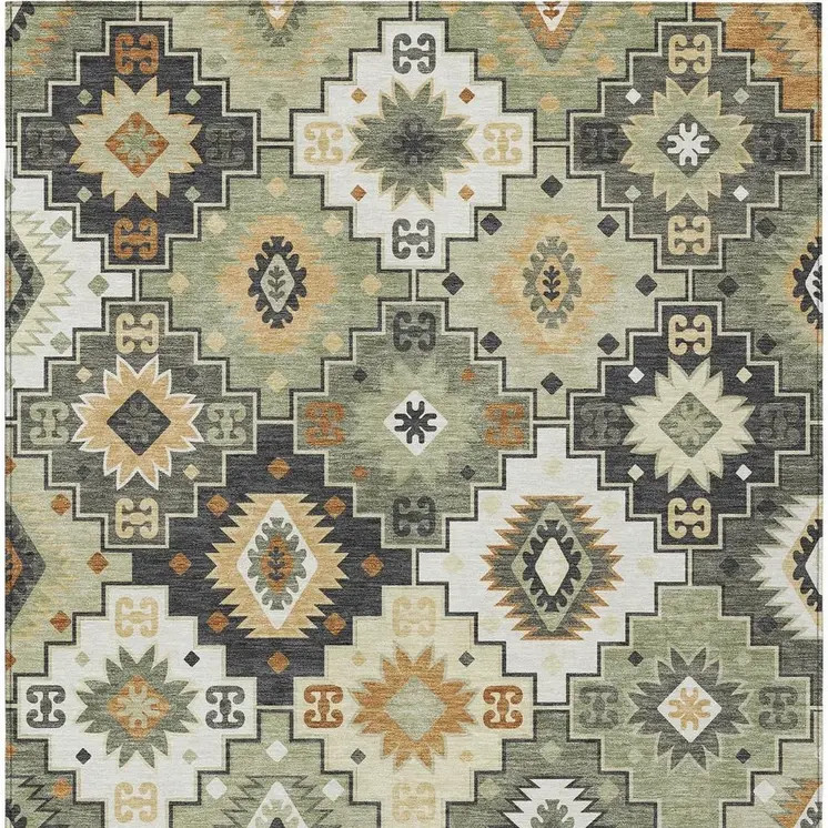 10' X 14' Fern Green Gold And Charcoal Southwestern Washable Indoor Outdoor Area Rug