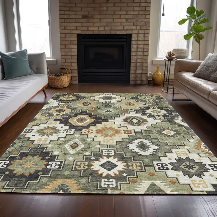 10' X 14' Fern Green Gold And Charcoal Southwestern Washable Indoor Outdoor Area Rug