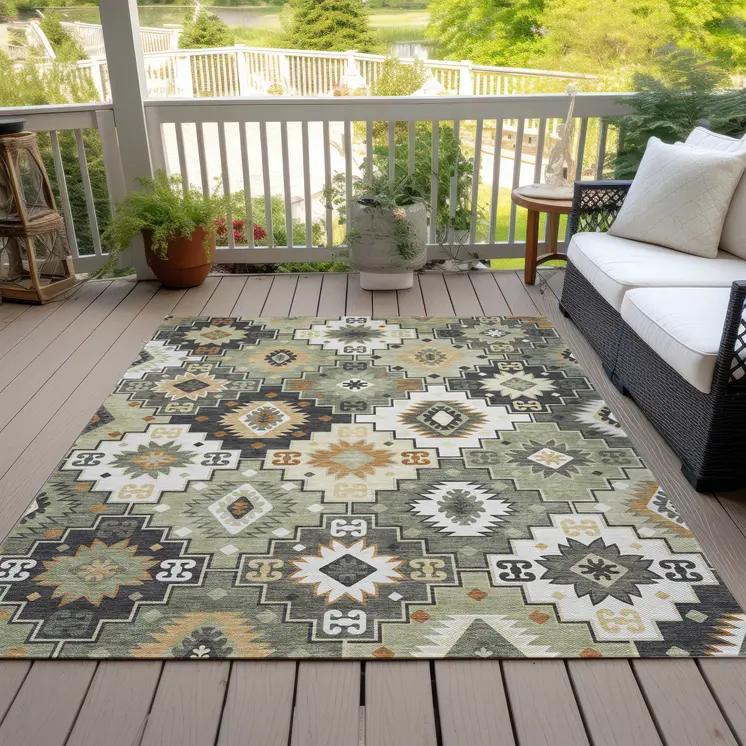 10' X 14' Fern Green Gold And Charcoal Southwestern Washable Indoor Outdoor Area Rug