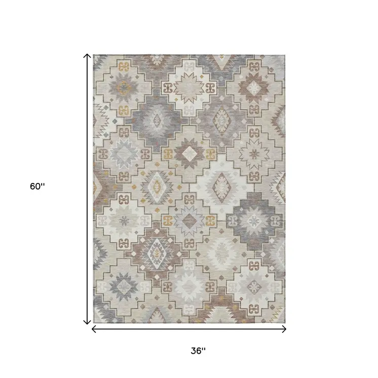 3' X 5' Ivory Gold And Gray Southwestern Washable Indoor Outdoor Area Rug