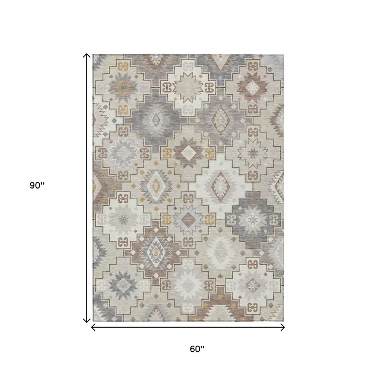 5' X 8' Ivory Gold And Gray Southwestern Washable Indoor Outdoor Area Rug