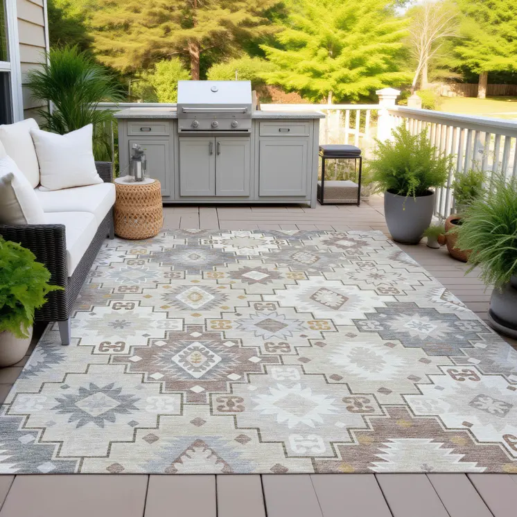 5' X 8' Ivory Gold And Gray Southwestern Washable Indoor Outdoor Area Rug