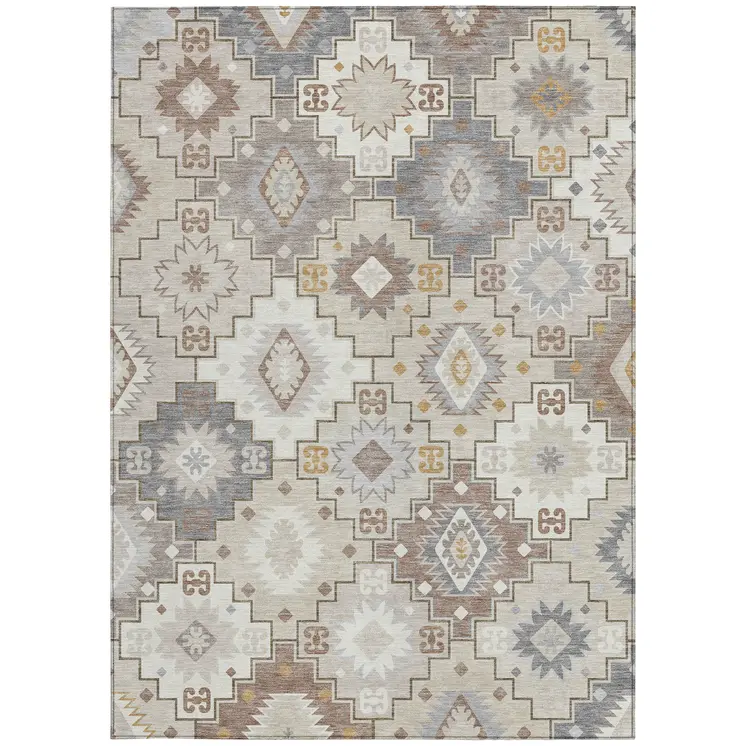 8' X 10' Ivory Gold And Gray Southwestern Washable Indoor Outdoor Area Rug