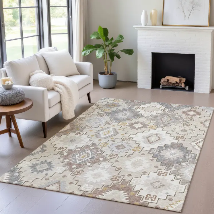 8' X 10' Ivory Gold And Gray Southwestern Washable Indoor Outdoor Area Rug