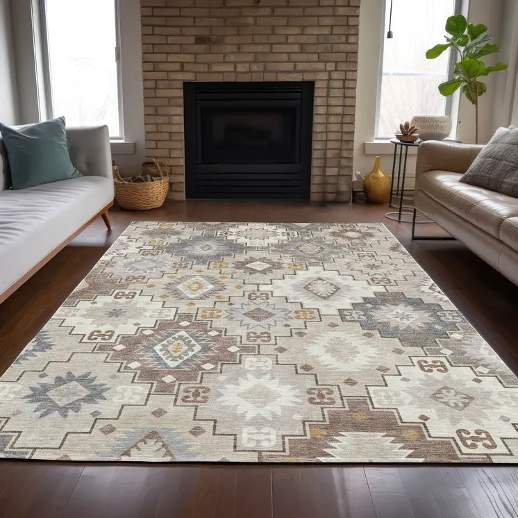 8' X 10' Ivory Gold And Gray Southwestern Washable Indoor Outdoor Area Rug