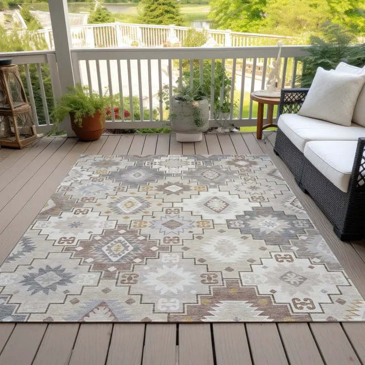 9' X 12' Ivory Gold And Gray Southwestern Washable Indoor Outdoor Area Rug
