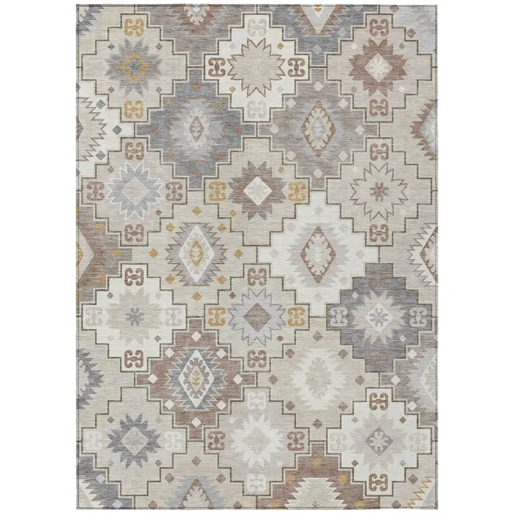10' X 14' Ivory Gold And Gray Southwestern Washable Indoor Outdoor Area Rug