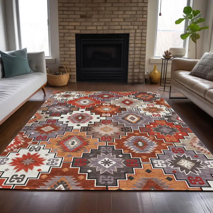 5' X 8' Rust Lavender And Ivory Southwestern Washable Indoor Outdoor Area Rug