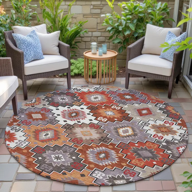 8' Rust Lavender And Ivory Round Southwestern Washable Indoor Outdoor Area Rug