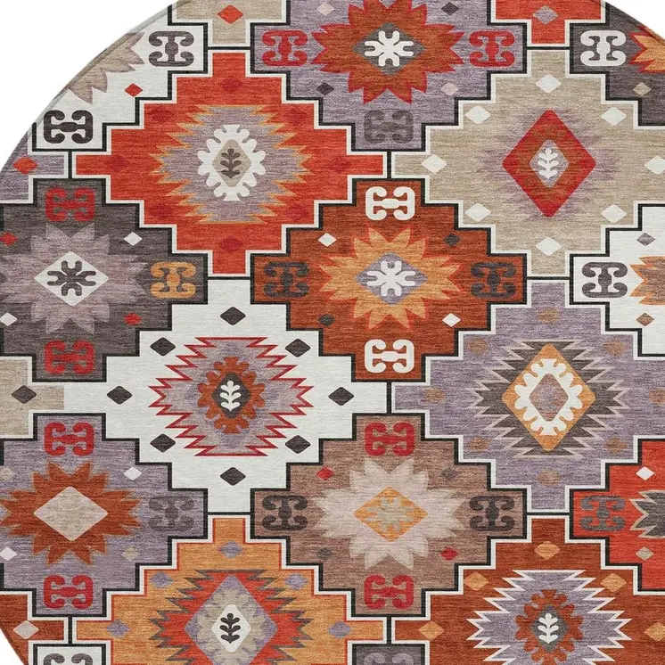 8' Rust Lavender And Ivory Round Southwestern Washable Indoor Outdoor Area Rug