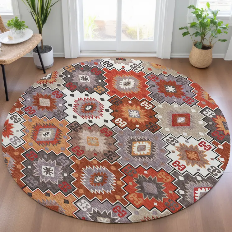 8' Rust Lavender And Ivory Round Southwestern Washable Indoor Outdoor Area Rug