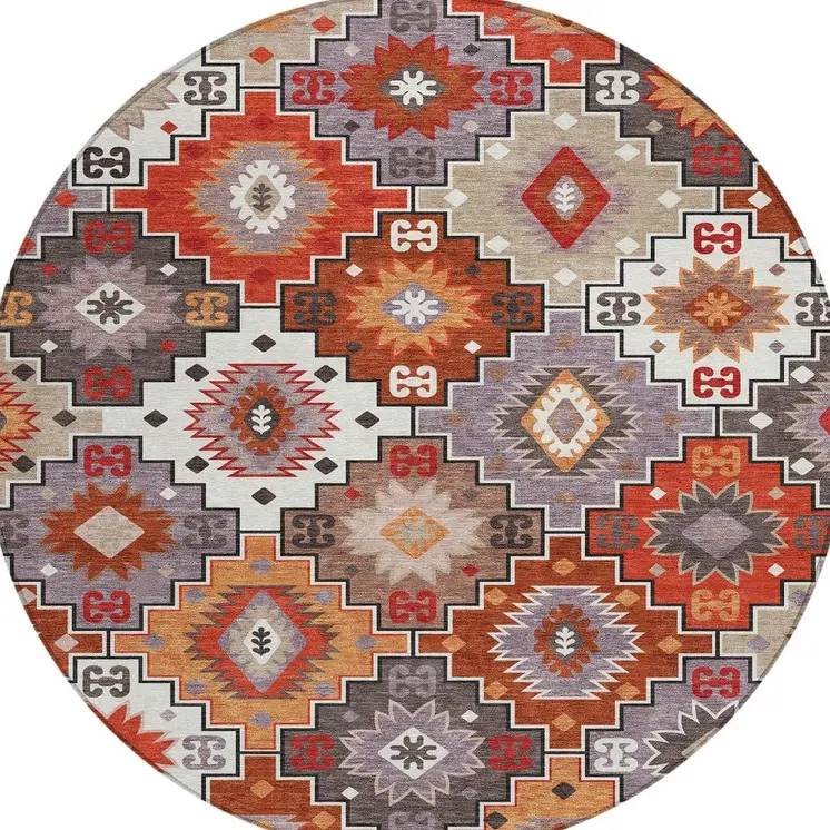 8' Rust Lavender And Ivory Round Southwestern Washable Indoor Outdoor Area Rug