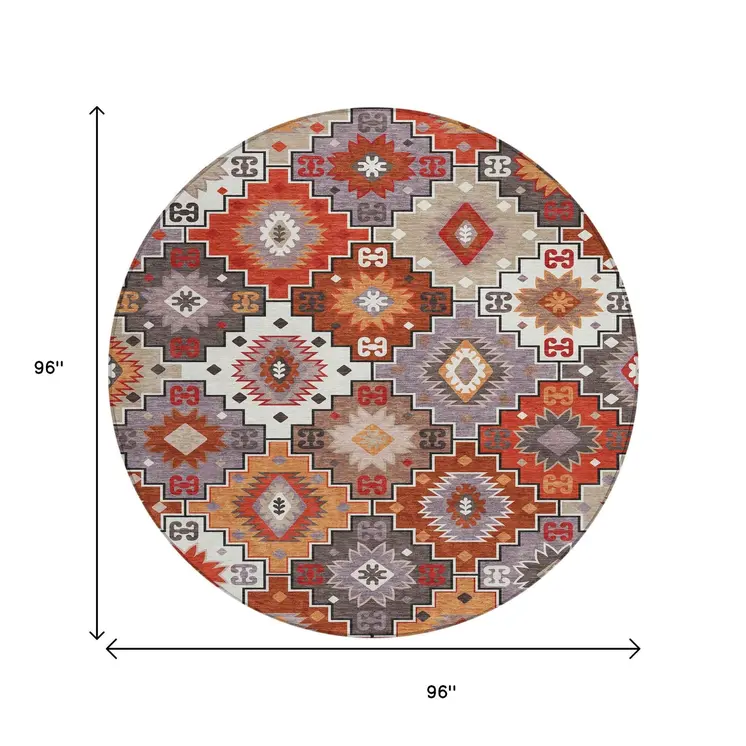 8' Rust Lavender And Ivory Round Southwestern Washable Indoor Outdoor Area Rug
