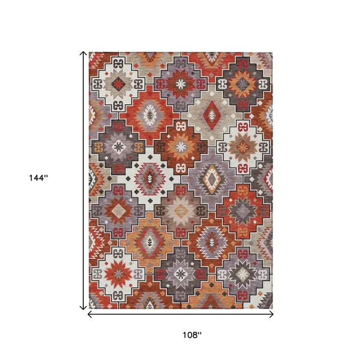 9' X 12' Rust Lavender And Ivory Southwestern Washable Indoor Outdoor Area Rug