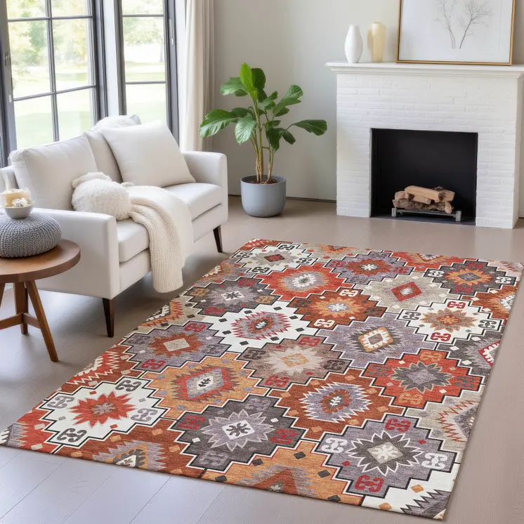10' X 14' Rust Lavender And Ivory Southwestern Washable Indoor Outdoor Area Rug